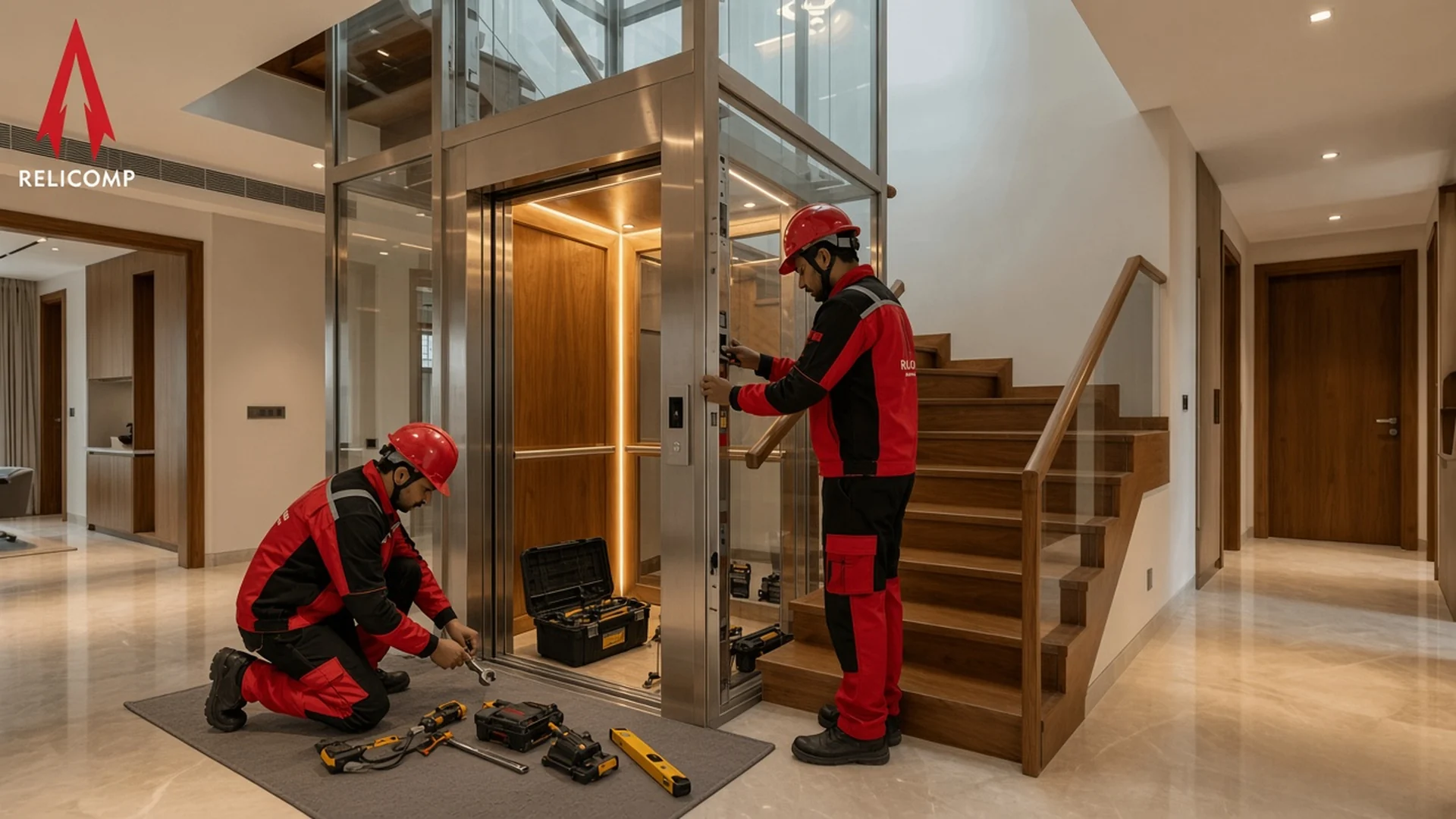 Relicomp technicians installing a glass home elevator in a Bangalore villa foyer